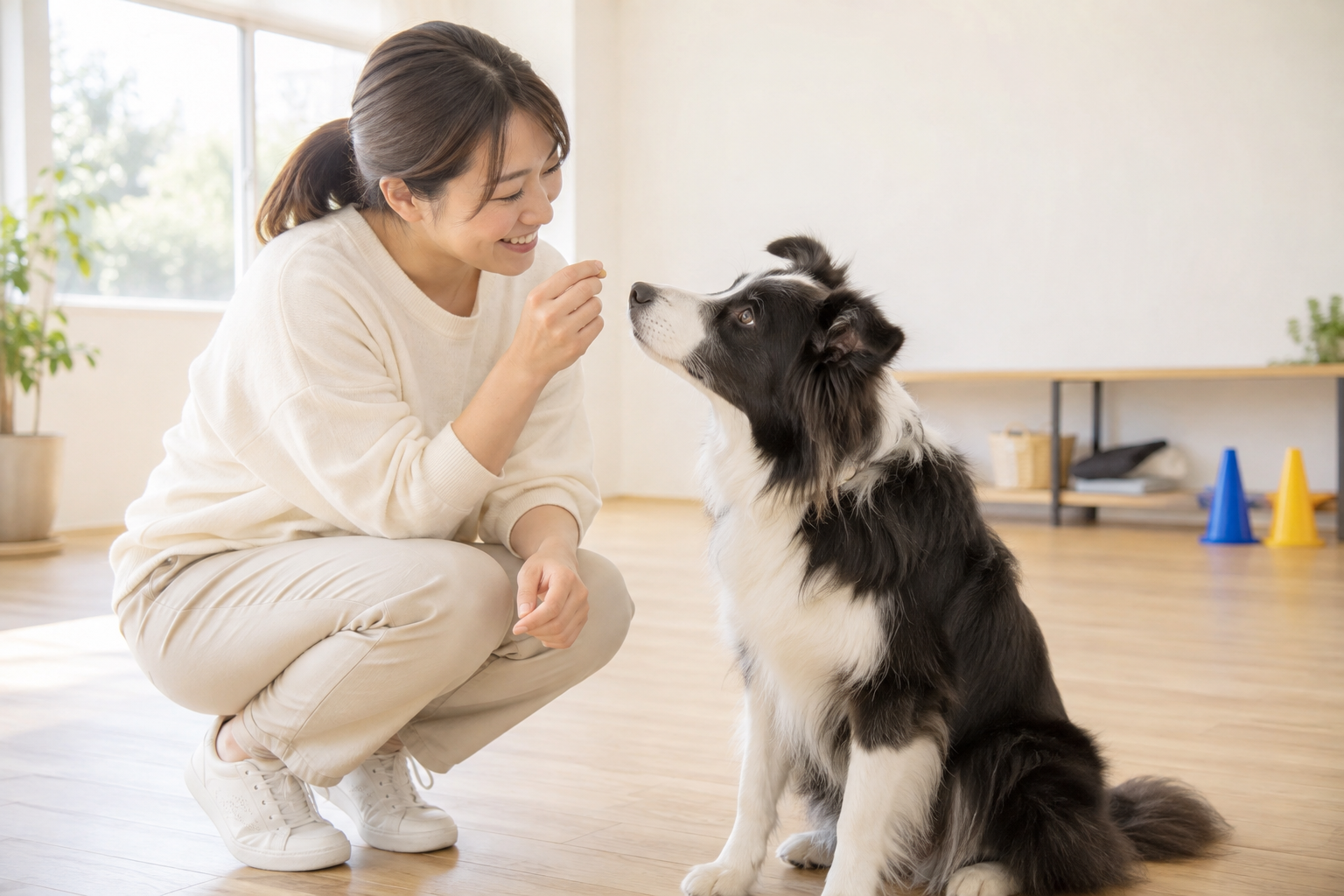 犬と目線を合わせながら実技を行うトレーナー
